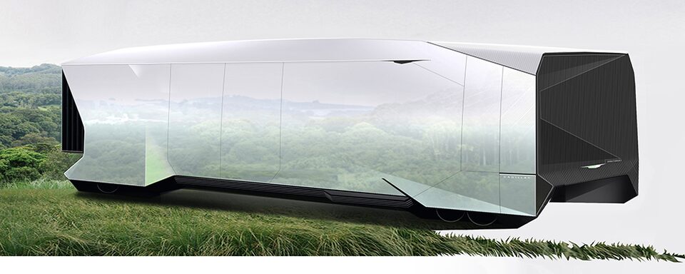 Reflective exterior of the Cadillac OpenSpace Recreational EV.