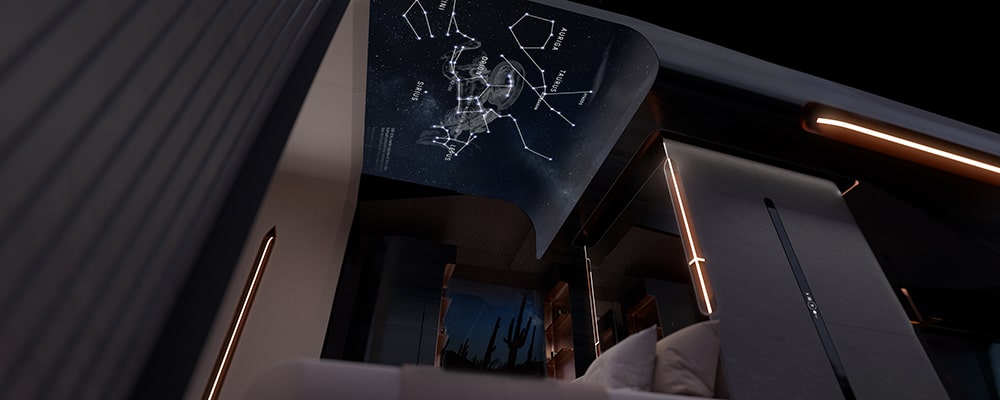 Futuristic interiors of the Cadillac OpenSpace Recreational EV.