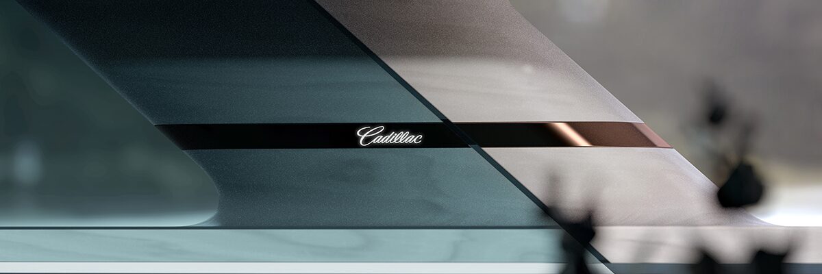The Cadillac logo etched on the Cadillac OpenSpace Recreational EV.
