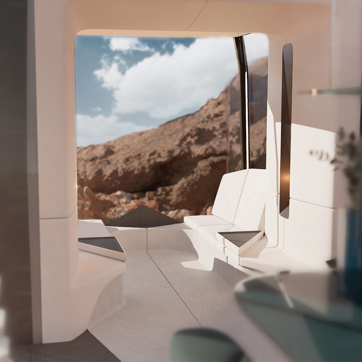 Interior view of the Cadillac OpenSpace Recreational EV overlooking a mountain.