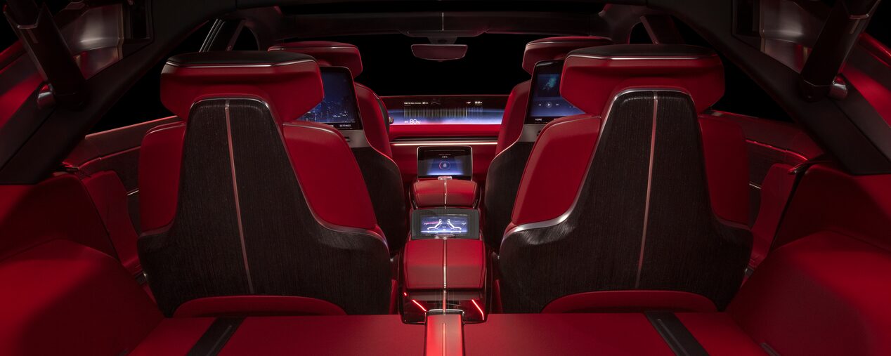 Rear passenger's view of the interiors of the Cadillac CELESTIQ.