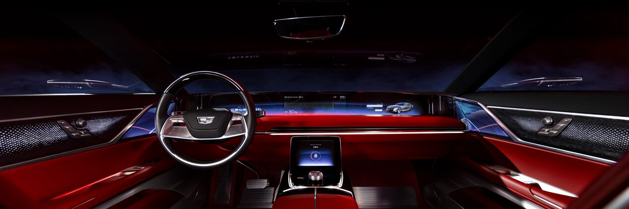 Luxurious front interiors of the Cadillac CELESTIQ.