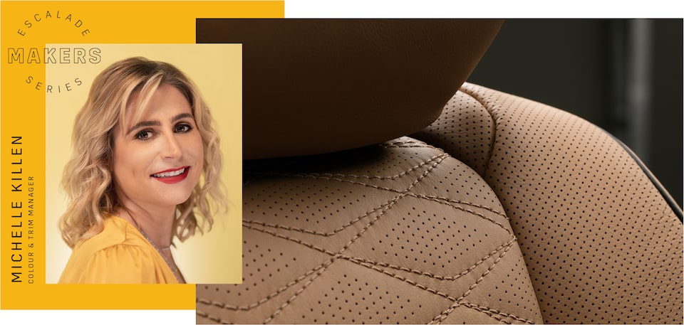 Colour & Trim Manager Michelle Killen featuring a close-up view of the Escalade seats.⠀⠀⠀⠀⠀⠀⠀