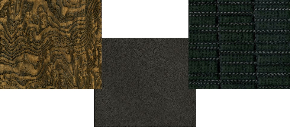 Éléments clés de l’Escalade : bois de frêne ondé naturel, sièges matelassés d’inspiration Mondrian et sièges en cuir Opus.