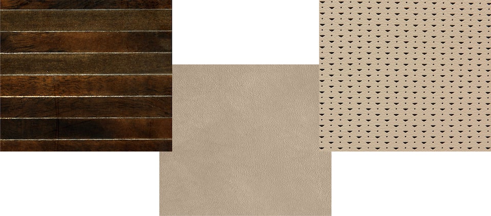 Éléments clés de l’Escalade : Marqueterie linéaire, petits empiècements perforés en chevron, détails intérieurs en tissu.