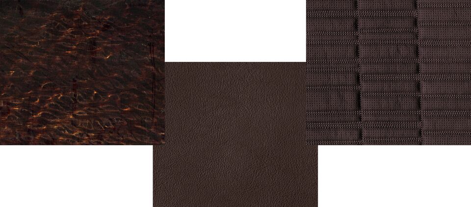 Éléments clés de l’Escalade : bois de chêne soyeux chocolat, sièges matelassés d’inspiration Mondrian et sièges en cuir Opus.