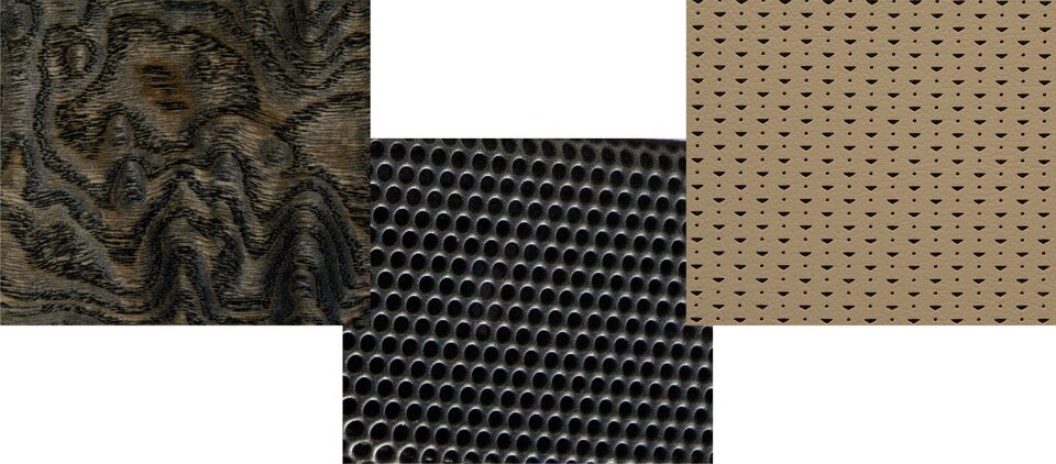 Éléments clés de l’Escalade : bois de frêne japonais parchemin, petits empiècements perforés en chevron et grilles de haut-parleur AKG.