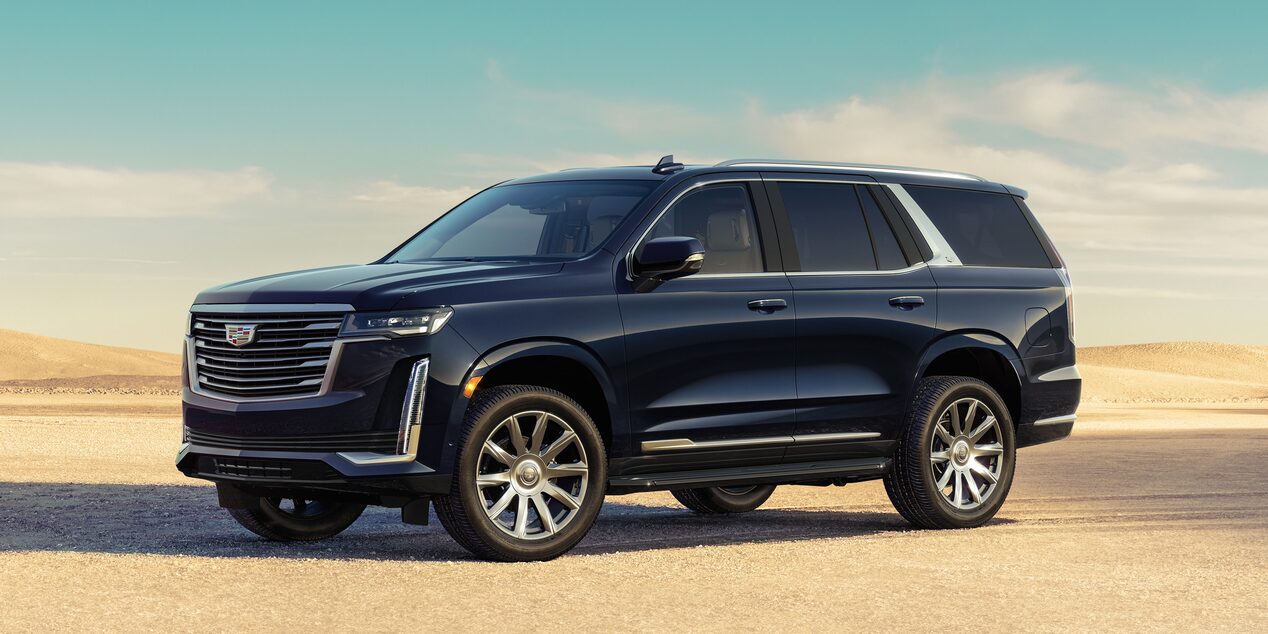 Exterior front driver side view of the 2023 Escalade.