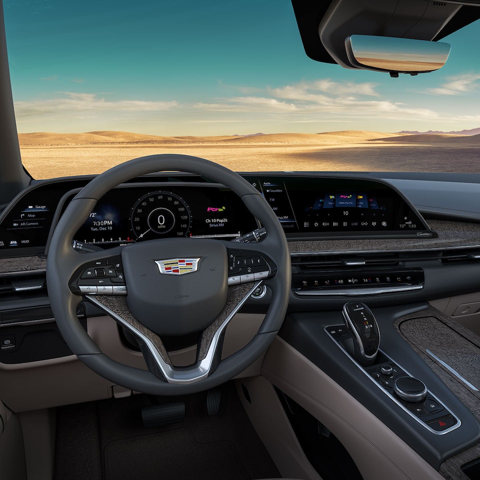 2023 Cadillac Escalade steering wheel and centre console.