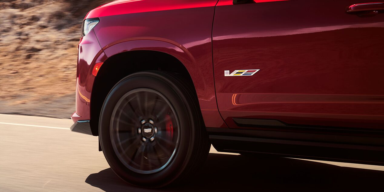 Close-up view of the lower right trunk of the 2024 Cadillac Escalade-V.