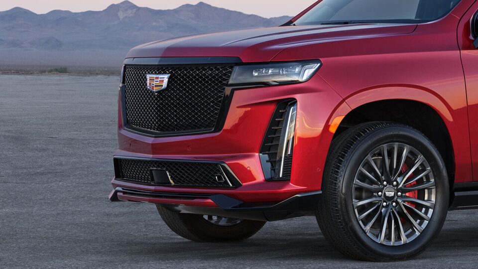 Exterior close up of the 2024 Cadillac Escalade-V's front end.