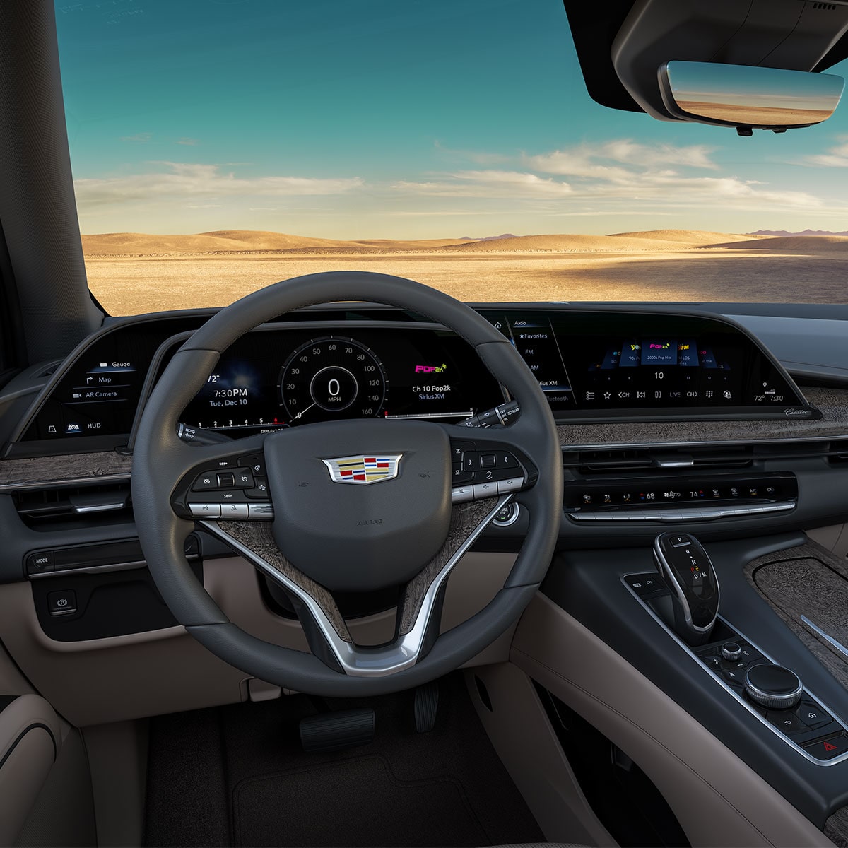 2024 Cadillac Escalade steering wheel and centre console.