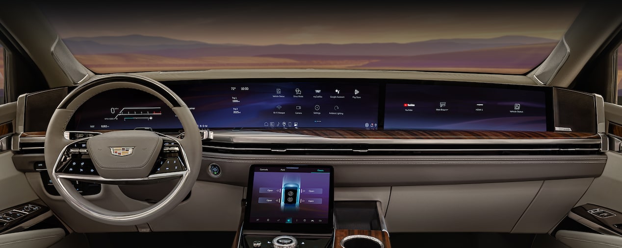 Driver's view of the front interiors on the 2025 Cadillac Escalade.
