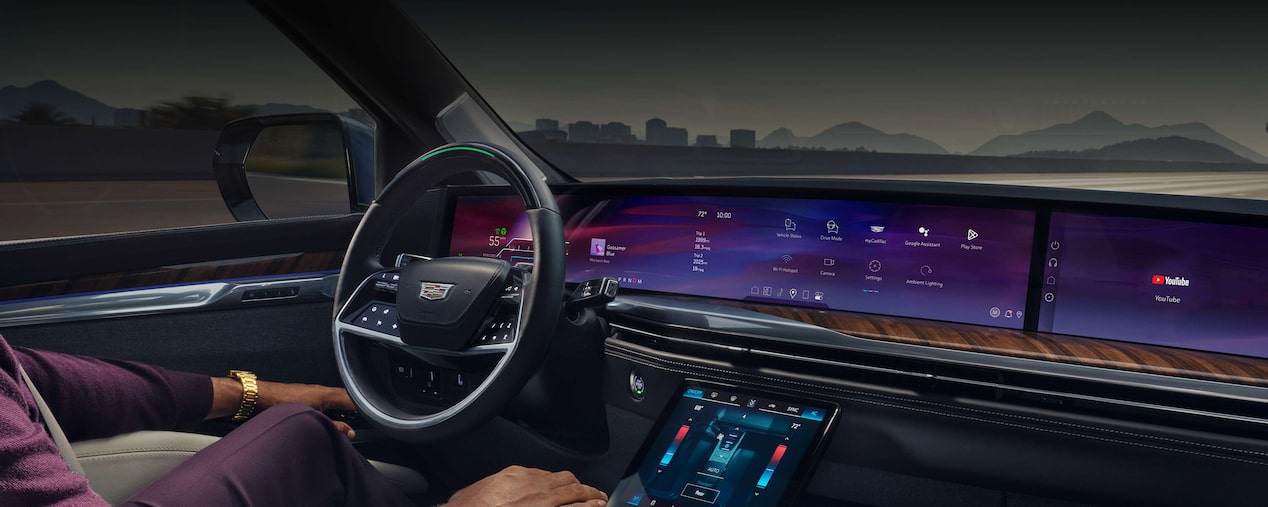 Front passenger's view of the interiors of the 2025 Cadillac Escalade.