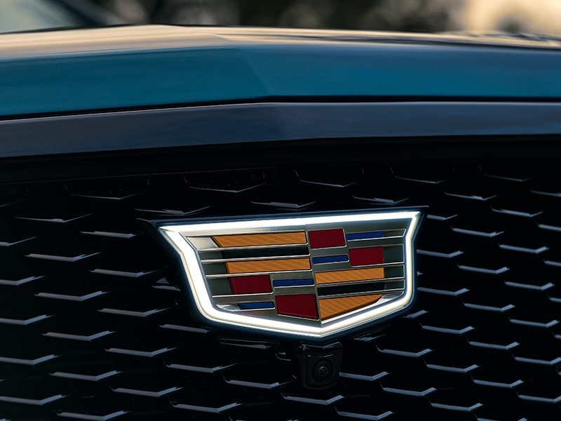 Close up view of the Cadillac insignia on the grilles of the 2025 Cadillac Escalade.