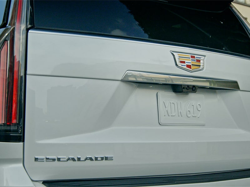 Close up view of the Escalade badge etched in the trunk of the 2025 Cadillac Escalade.