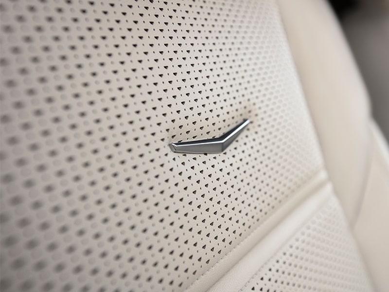 Close up view of the ventilated and heated massage seats inside the 2025 Cadillac Escalade.