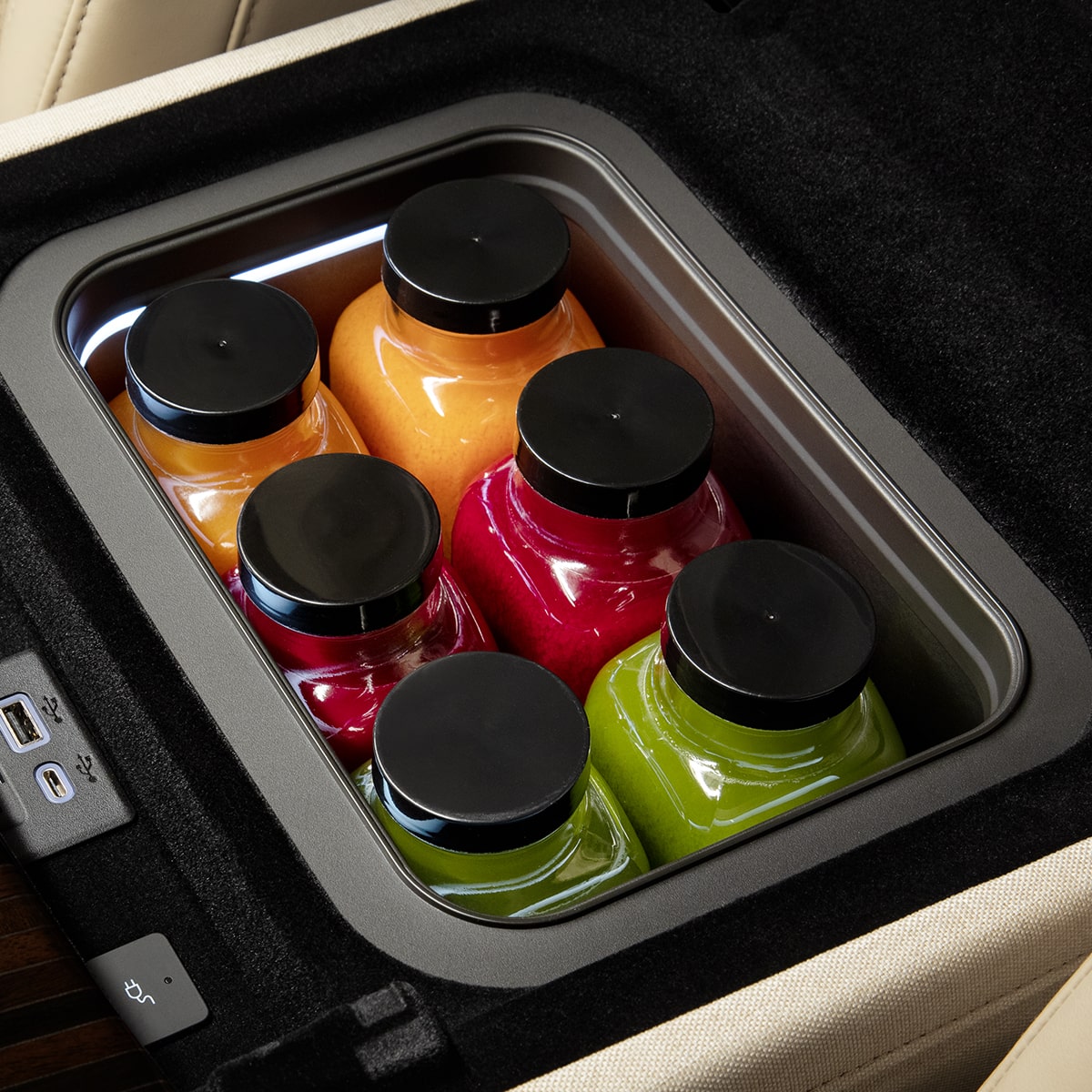 Close up of the Console refrigerator inside the 2025 Cadillac Escalade.
