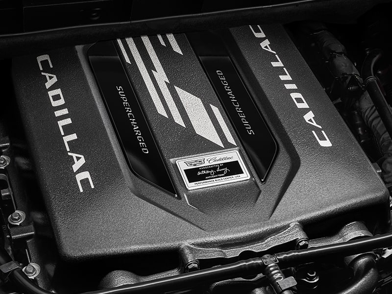 Close up view of the 6.2L Supercharged V8 engine used in the 2025 Cadillac Escalade.