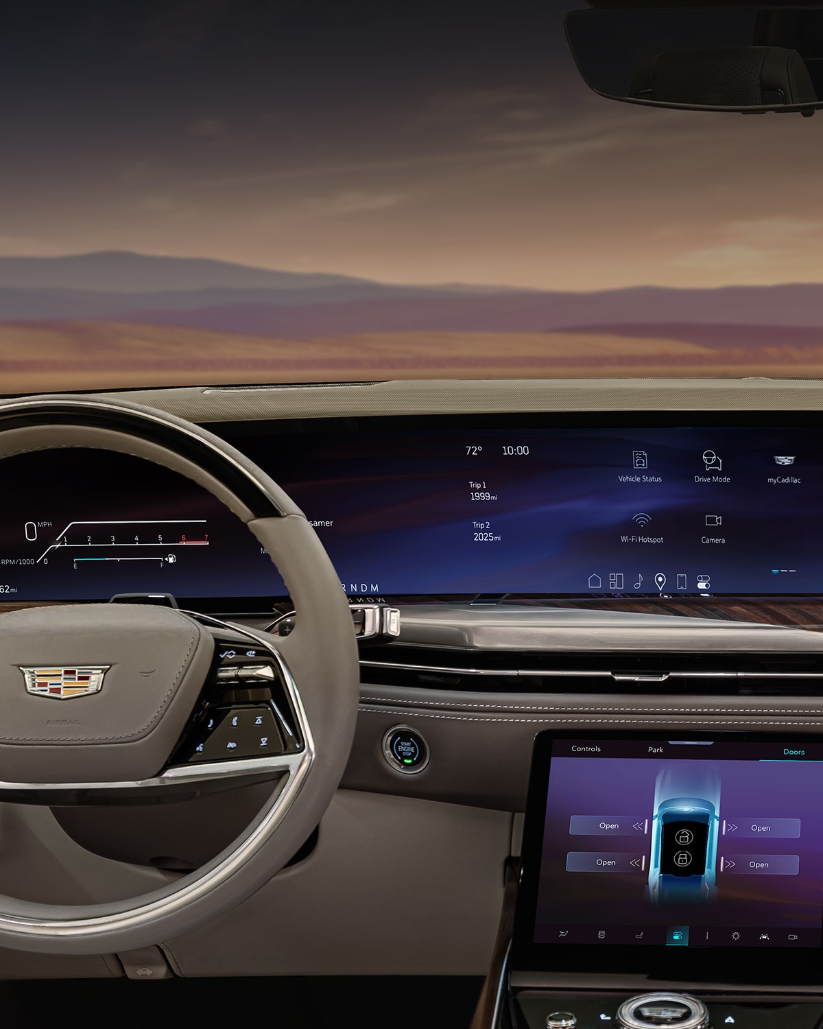 Driver's view of the front interiors on the 2025 Cadillac Escalade.