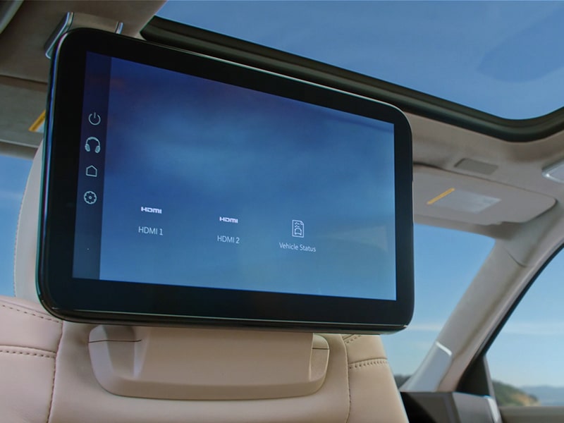 Close up view of the infotainment screen on the second row of the 2025 Cadillac Escalade.