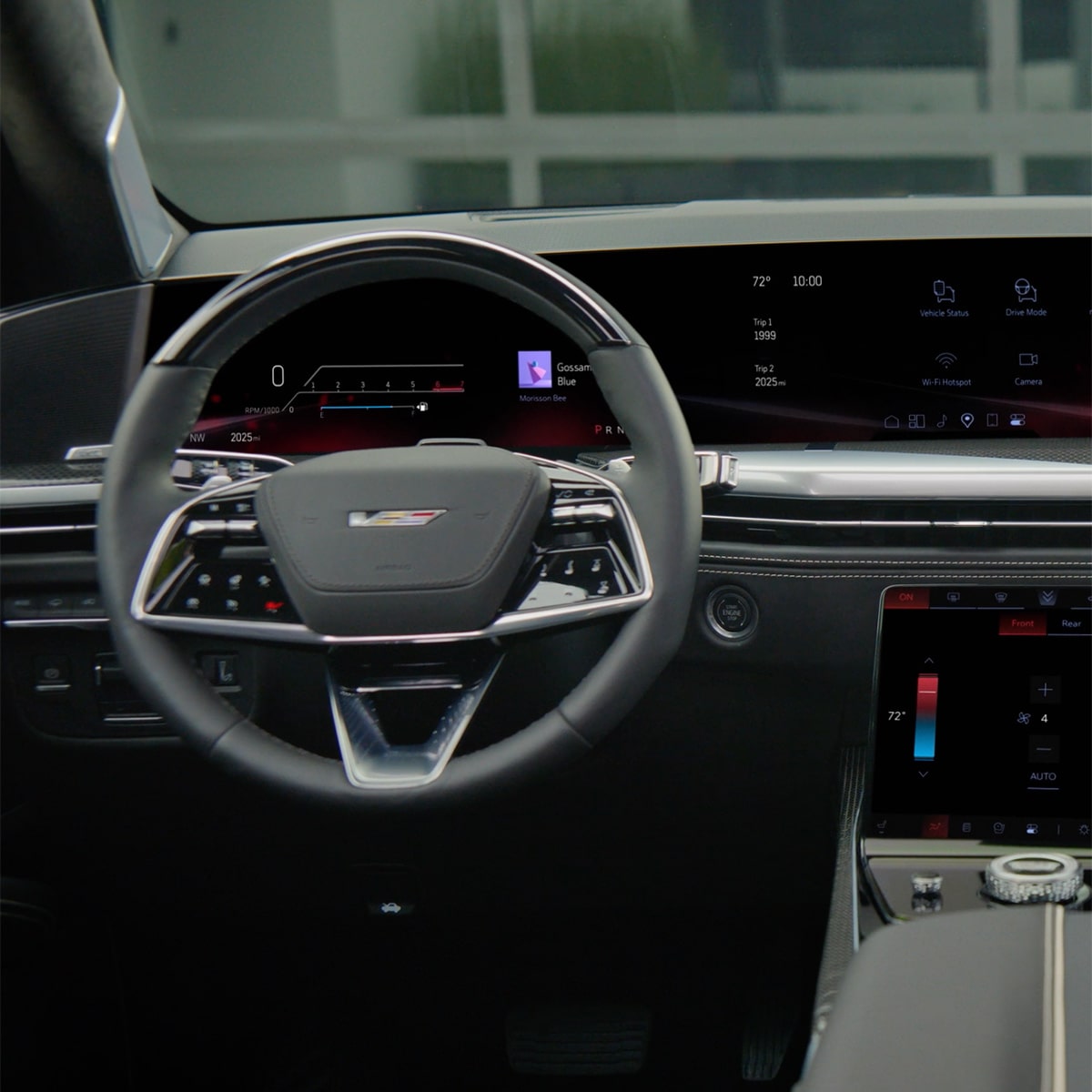 Driver's view of the luxurious interiors of the 2026 Cadillac Escalade-V.
