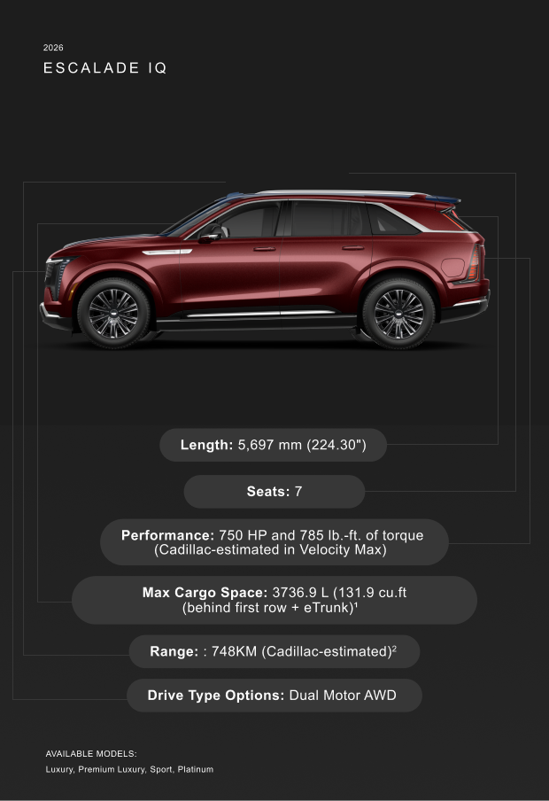 Side view of the 2026 Cadillac Escalade IQ electric SUV.