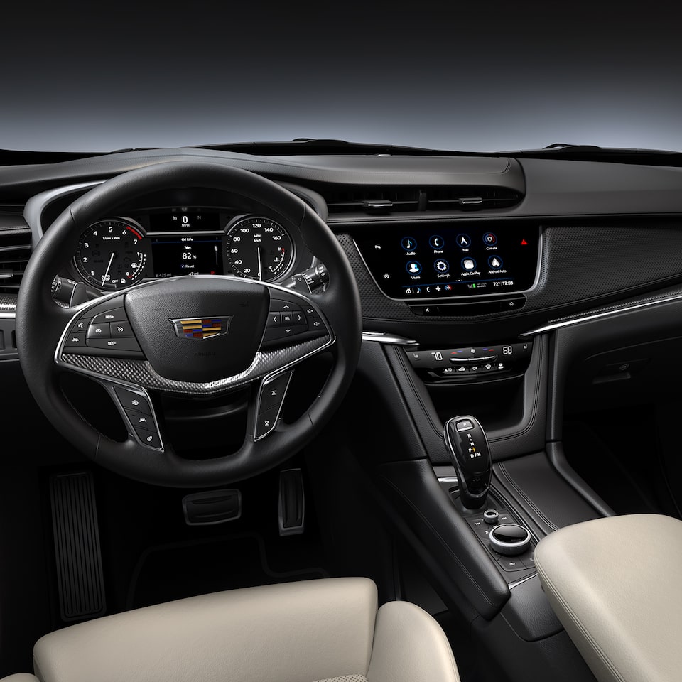 Driver's perspective of the luxurious interiors of the 2026 Cadillac XT5 luxury SUV.