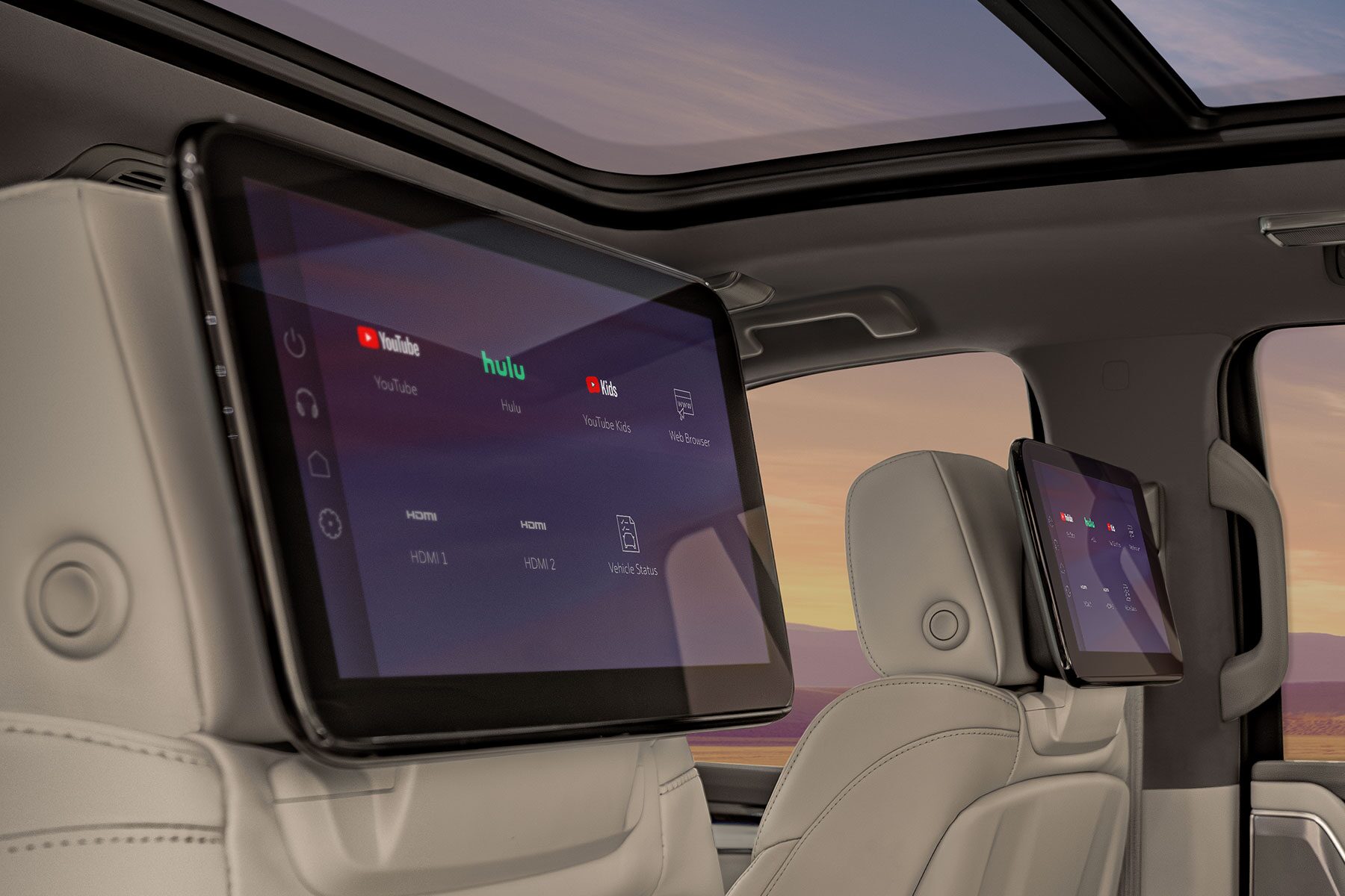 Vue rapprochée de l’écran passager de deuxième rangée du Cadillac Escalade 2027