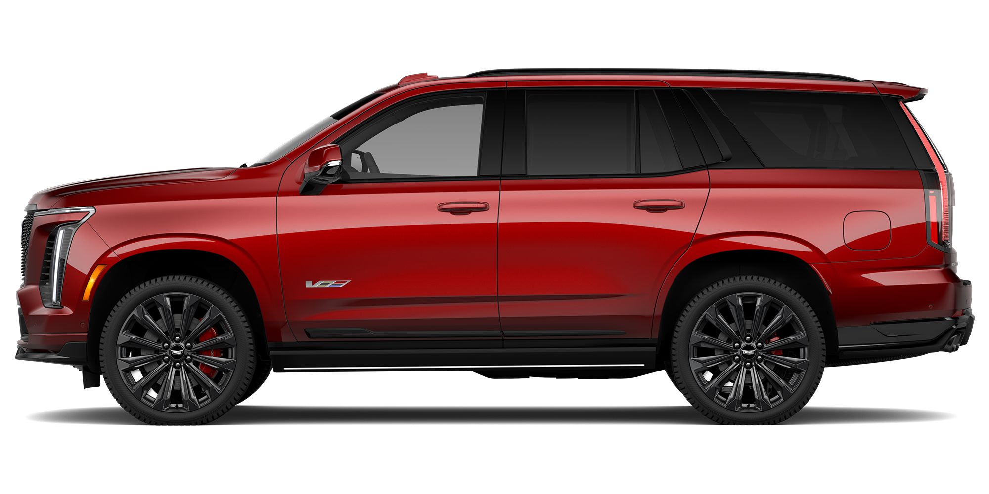 Vue de profil d’un Cadillac Escalade Série V 2027 rouge