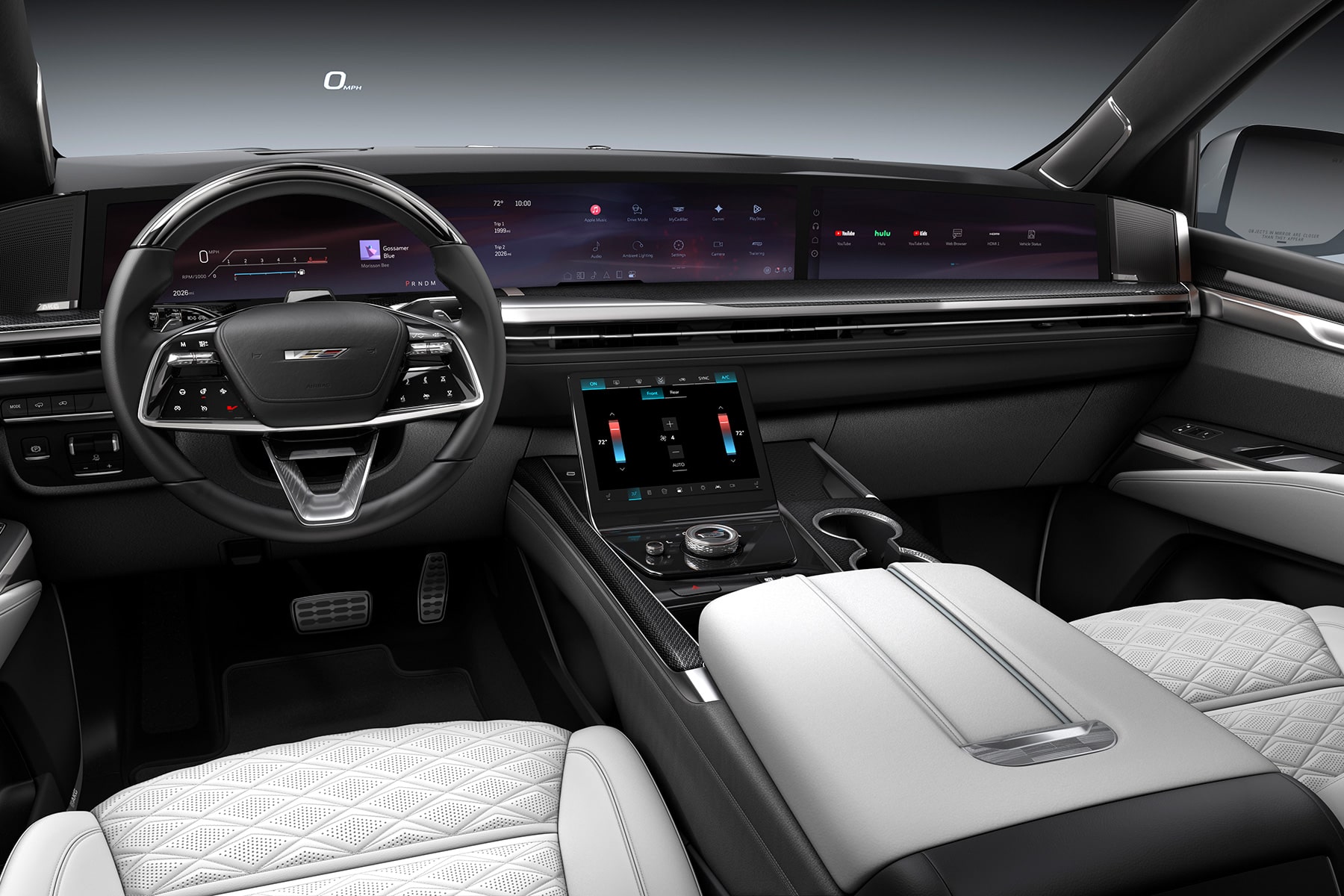 Vue depuis la première rangée de l’habitacle du Cadillac Escalade-V 2027 et de son écran Horizon de 55 pouces