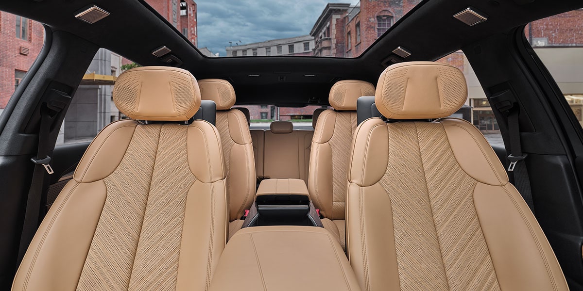 Front view of the 3-row heated and ventilated seats on the 2025 Cadillac Escalade IQ electric suv.