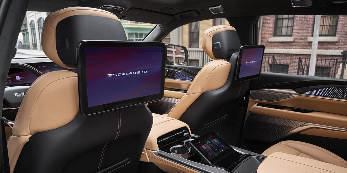 Rear passenger's view of the interiors of the 2025 Cadillac Escalade IQ electric suv.
