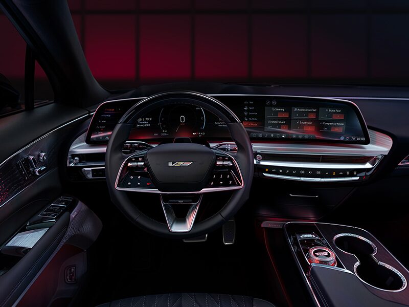 Front view of the Display and the steering wheel inside the 2026 Cadillac LYRIQ-V.