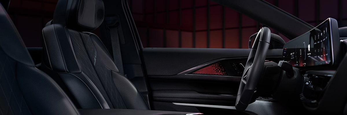 Side view of the luxurious front interiors of the 2026 Cadillac LYRIQ-V.