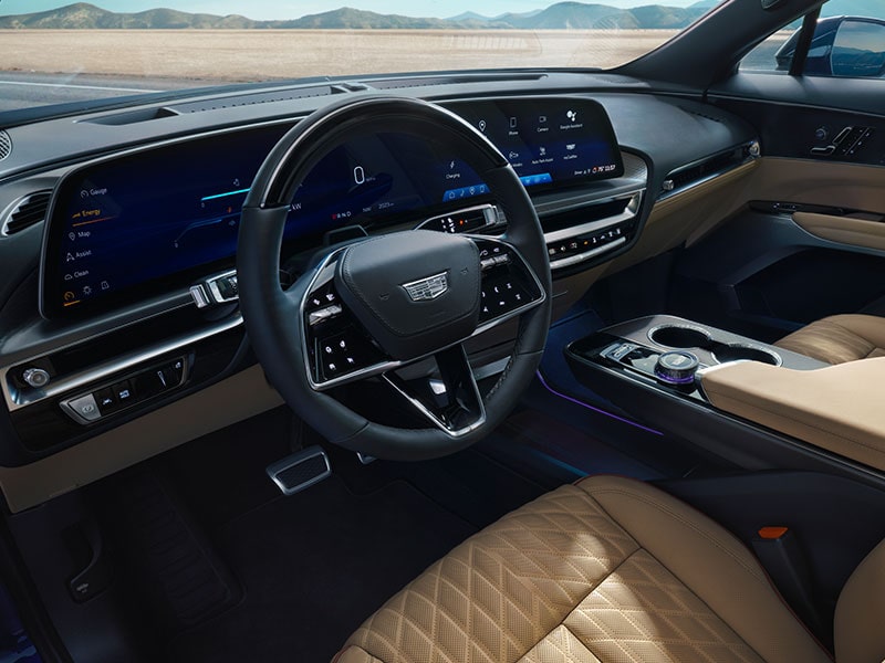 Driver's view of the comfortable interiors of the 2026 Cadillac LYRIQ.