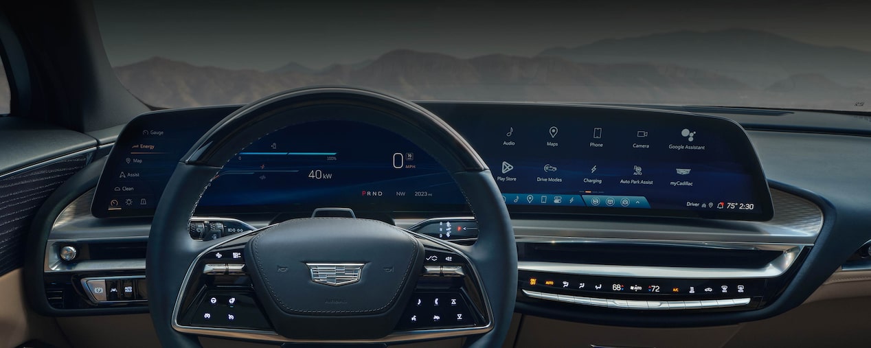 Driver's view of the front interiors of the 2026 Cadillac LYRIQ.