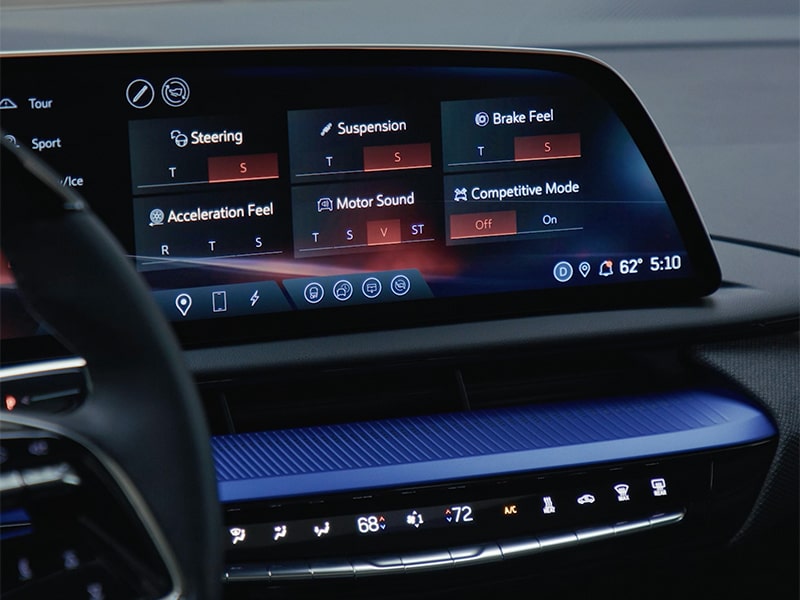 Infotainment screen showing vehicle performance settings.