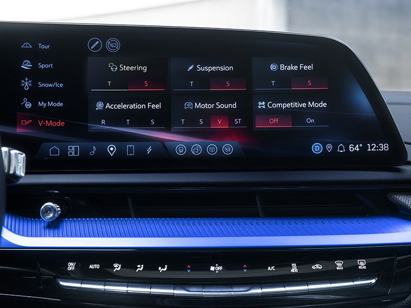 Touchscreen interface with chassis and sport mode settings of the OPTIQ-V.