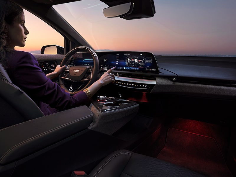 Close up view of the Phantom Blue hue coloring inside the 2026 Cadillac OPTIQ electric SUV.