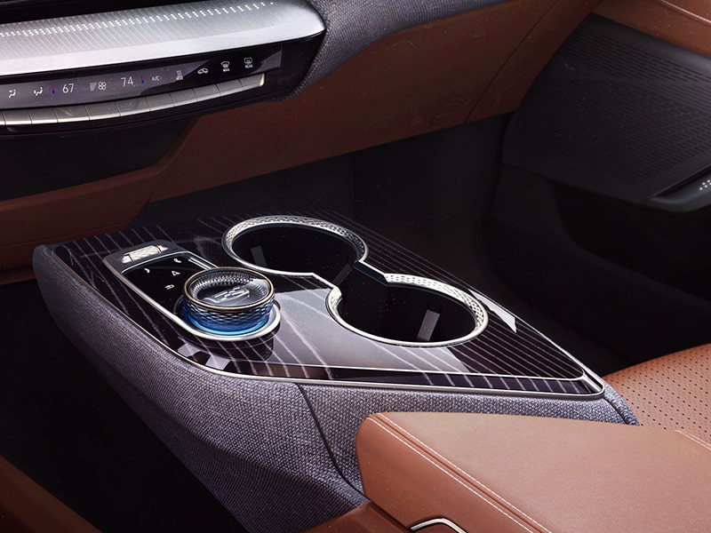 Close up view of the patterned accent fabric inside the 2026 Cadillac OPTIQ electric SUV.