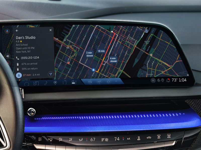 Infotainment screen on the 2026 Cadillac OPTIQ electric SUV featuring Google Built-In.