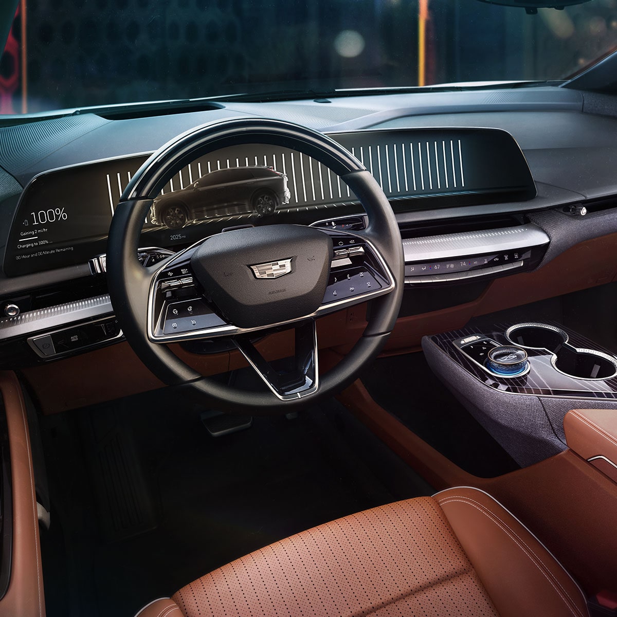 Driver's view of the spacious interiors of the 2026 Cadillac OPTIQ electric SUV.