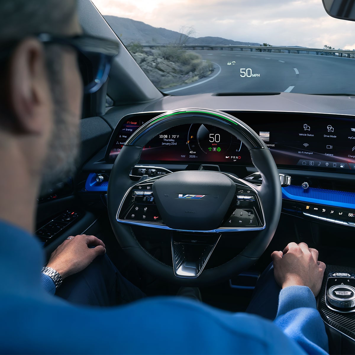 Driver's view of the hands-free Driver Assistance Technology on the 2026 Cadillac OPTIQ electric SUV.