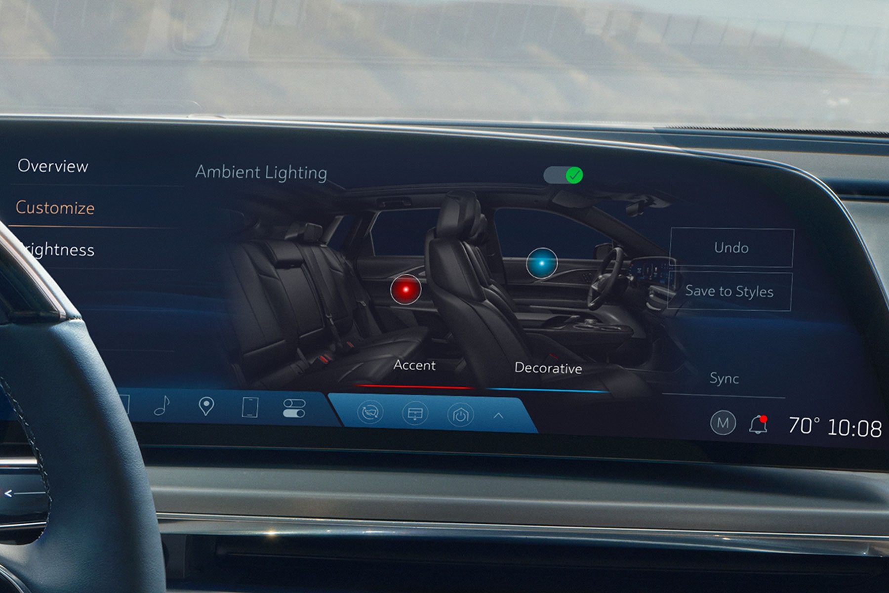 Close-up of the 2027 Cadillac LYRIQ infotainment display showing the Ambient Lighting customization interface.