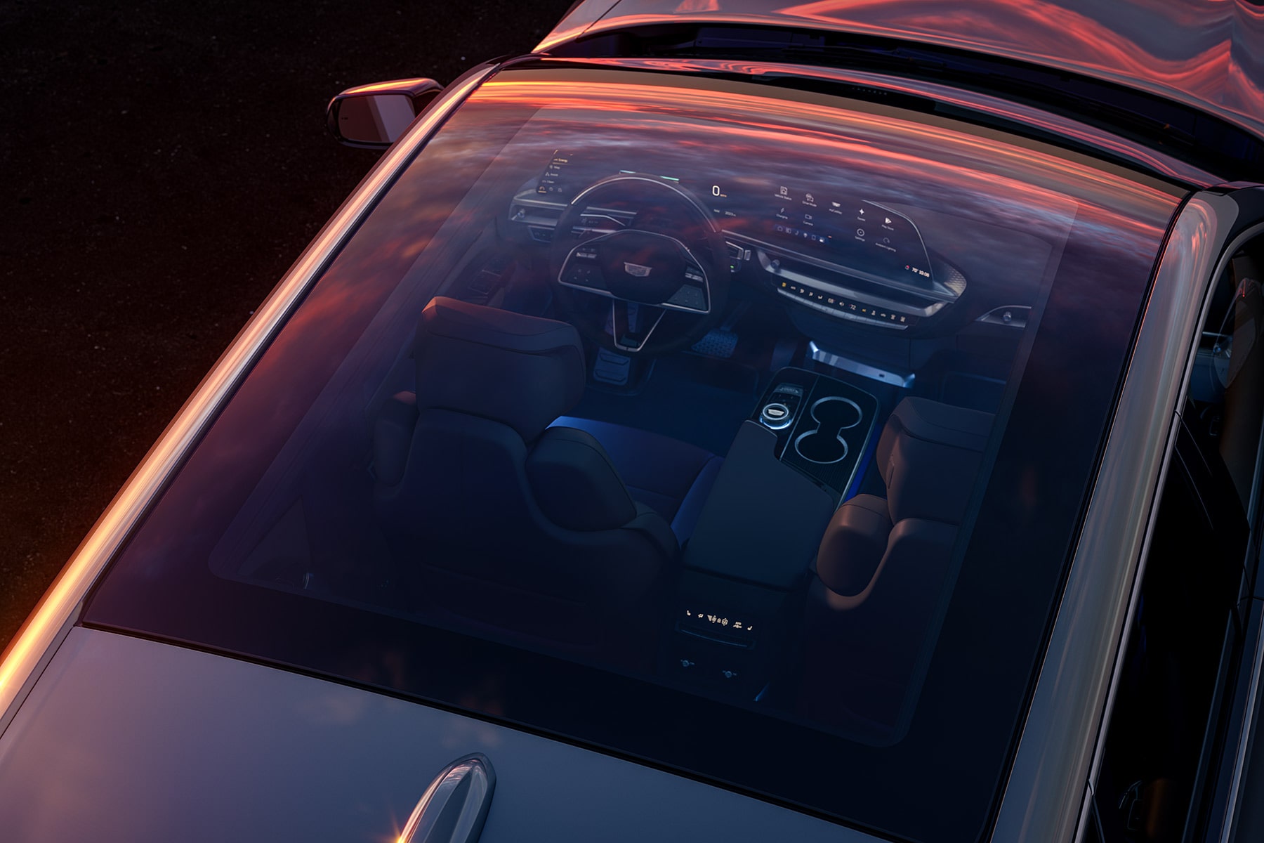 Overhead view through the panoramic glass roof of a 2027 Cadillac LYRIQ.