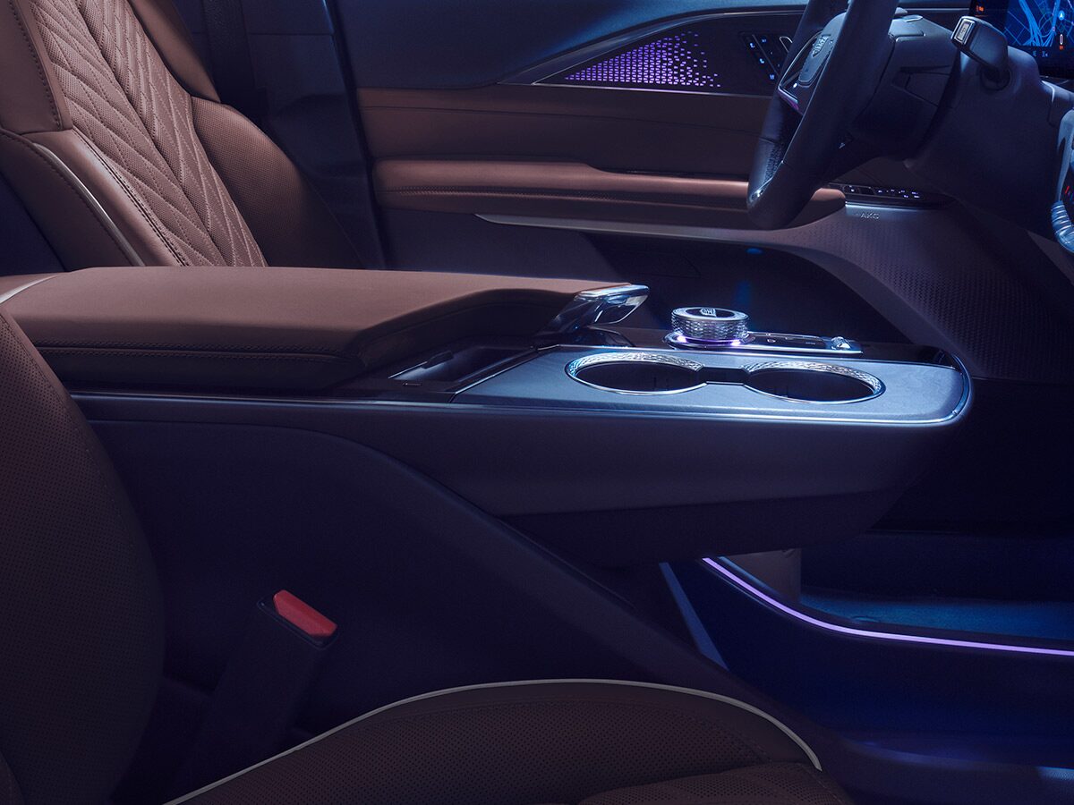 Close-up view of the 2027 Cadillac LYRIQ center console and front cabin.