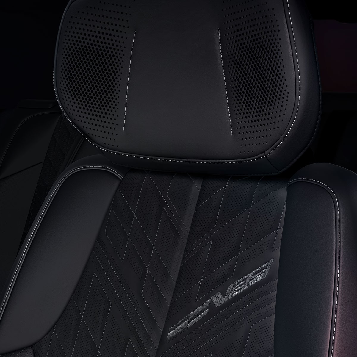 Close-up view of the stitching on the seat of a 2027 Cadillac LYRIQ.