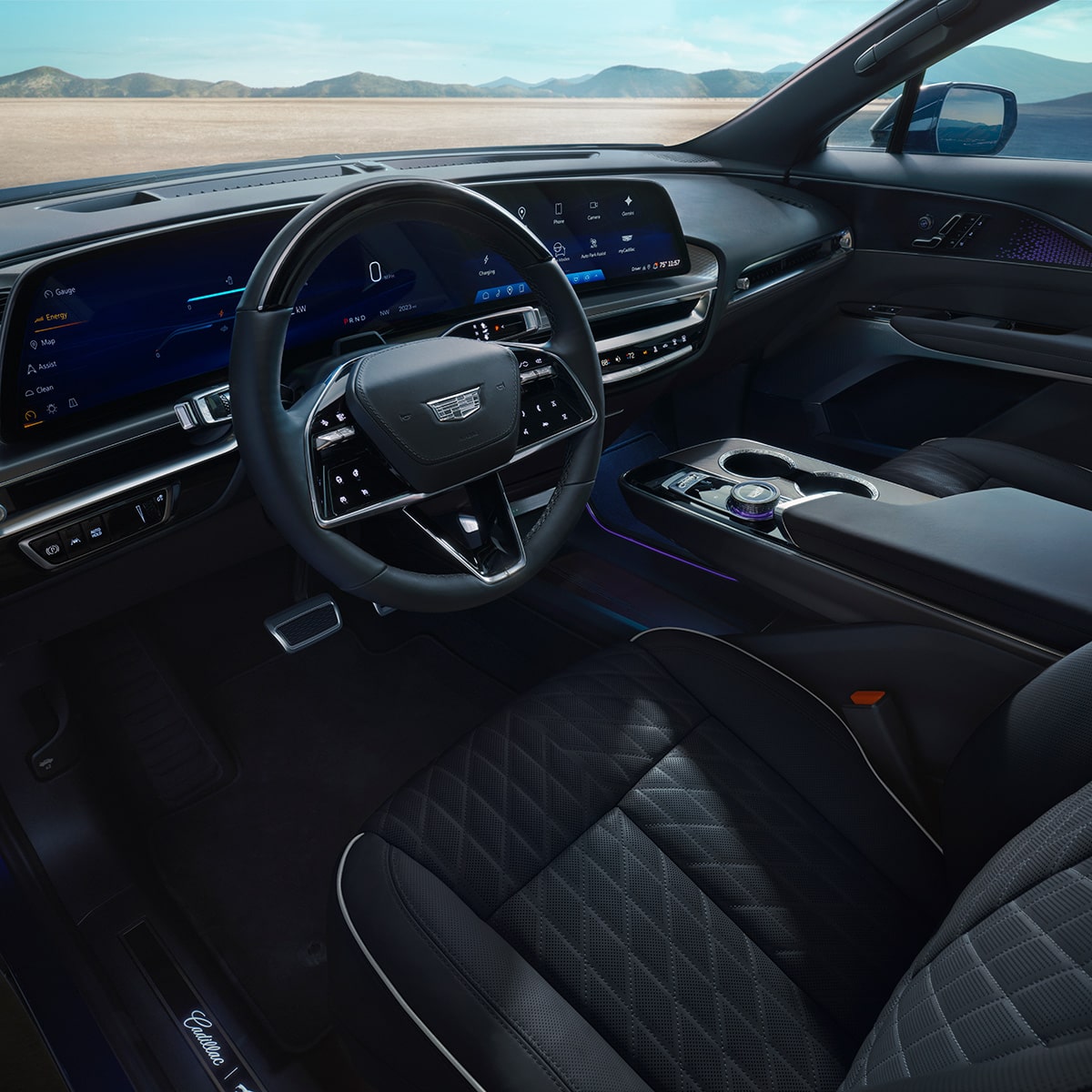 Steering Wheel and Infotainment Screen inside the 2027 Cadillac LYRIQ.