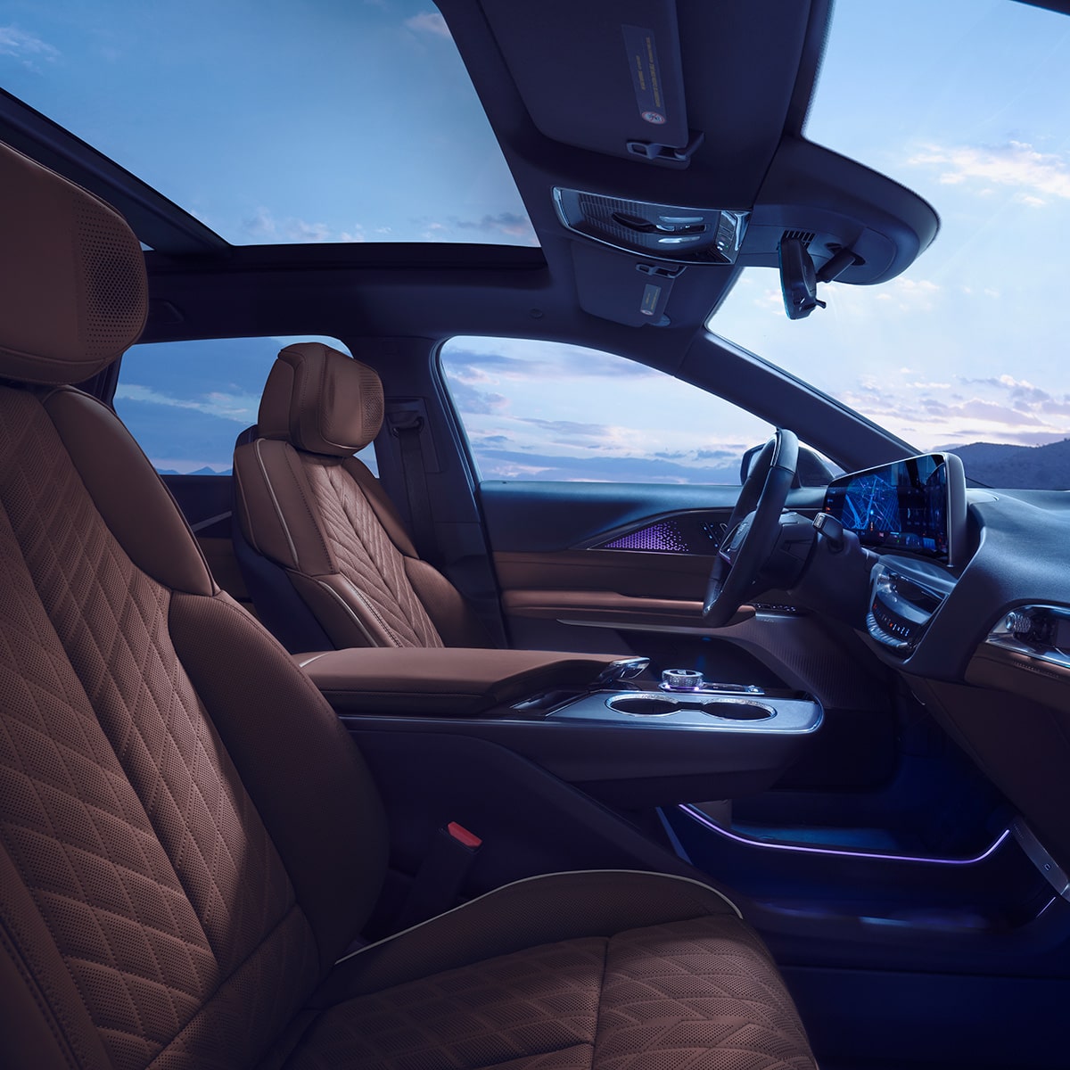 Side view of the comfortable interiors of the 2027 Cadillac LYRIQ.